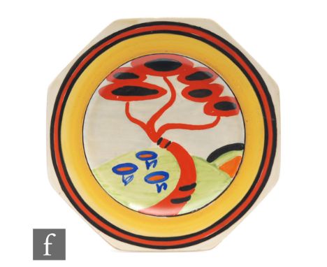 Clarice Cliff - Applique Red Tree - An octagonal side plate circa 1930, hand painted with a stylised tree landscape with red,