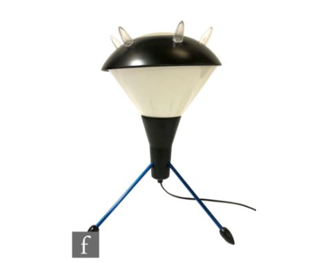 Unknown - A 1950s/60s Atomic table lamp with three painted blue supports, extending to a space age black and white shade, hei