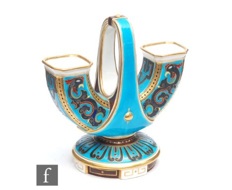 Attributed to Christopher Dresser - Minton - A late 19th Century 'Cloisonne' posy vase of U shaped form with a basket handle 