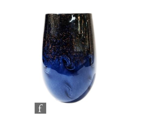 Strathearn - A later 20th Century ovoid form vase, the mottled light and dark blue swirling ground with aventurine and black 