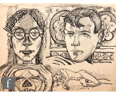 Albert Wainwright (1898-1943) - A sketch depicting a self portrait holding a skull together with another male portrait before