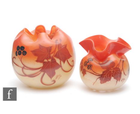 Legras - Two early 20th Century glass posy bowls, each enamel decorated with leaves and berries on a graduated red to yellow 