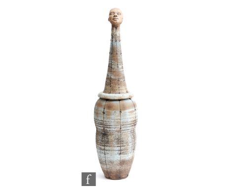 Chris Bramble - A contemporary studio pottery lidded jar, the cover with tall drawn neck mounted with a portrait head, the bo