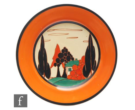 Clarice Cliff - Red Trees &amp; House - A 9 inch circular plate circa 1930, hand painted with a stylised tree and cottage lan