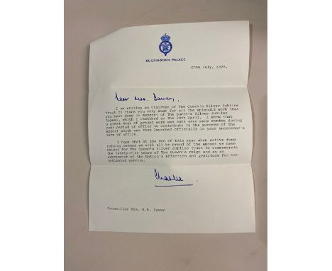 Charles, Prince of Wales. A typed letter signed to Mrs Davey, dated 29th July 1977, thanking her for her support raising fund