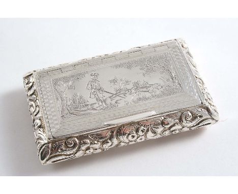 AN EARLY VICTORIAN SNUFF BOX with chased convex sides & an engine-turned base, the cover engraved with a gentleman in 18th ce