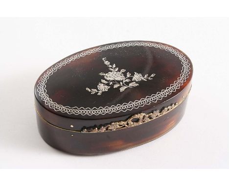 A LATE 18TH CENTURY GILT-METAL MOUNTED OVAL TORTOISESHELL SNUFF BOX the cover inlaid with a floral spray within a pique-work 