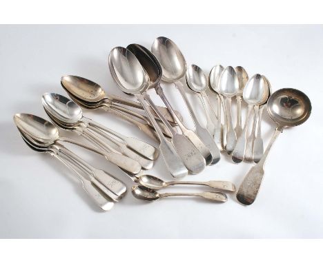 ASSORTED FIDDLE PATTERN:- A set of six dessert spoons and a sauce ladle by Francis Higgins, London 1883, six other dessert sp