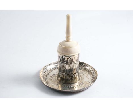 AN EDWARDIAN MOUNTED IVORY TABLE VESTA HOLDER on a dished base with stamped, presentation inscription and a turned ivory cove