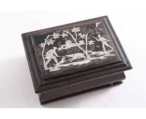 THE INLAID & PIQUE-WORK TORTOISESHELL COVER OF AN EARLY 18TH CENTURY RECTANGULAR SNUFF BOX with a boar hunting scene, now fix