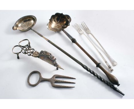 A MIXED LOT INCLUDING:- A pair of George III scissor snuffers, crested, by William Cafe, London 1767, two pickle forks, a bre