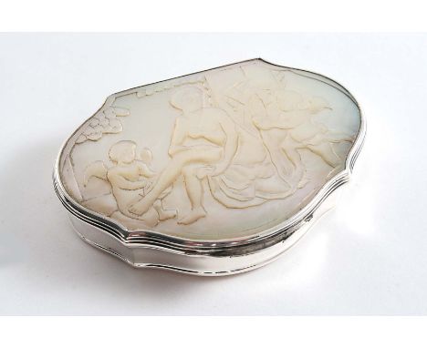 A GEORGE II MOTHER OF PEARL-MOUNTED SNUFF BOX cartouche shaped, the cover casrved in low relief with the Godess Diana bathing