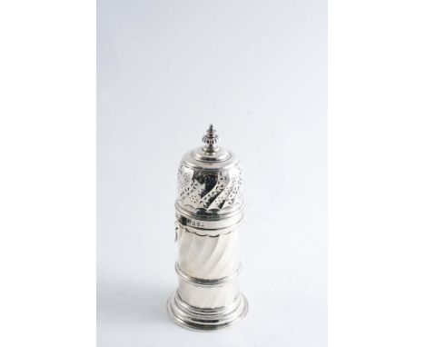 A LATE VICTORIAN BRITANNIA STANDARD "LIGHTHOUSE" SUGAR CASTER with wrythen, batswing fluting, a bayonet-fitting cover & a tie