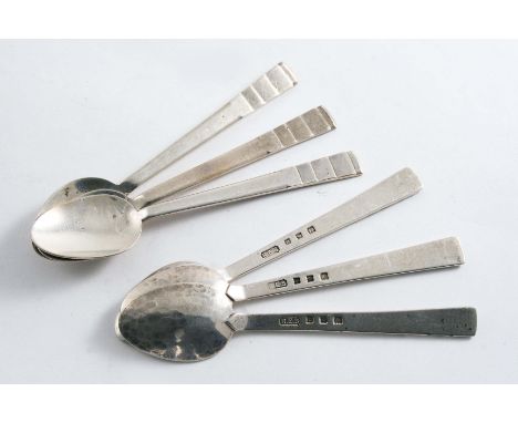 A SET OF SIX ART DECO HANDMADE COFFEE SPOONS with "stepped" terminals by R.E. Stone, London 1935;  1.8 oz  (6)