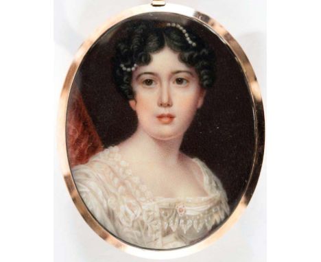 ATTRIBUTED TO JOHN COX DILLMAN ENGLEHEART (1782/4-1862) Portrait of a lady with pearls in her hair and wearing white embroide