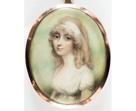 CIRCLE OF ANDREW PLIMER (1763-1837) Portrait of a lady with long curling hair and wearing white dress, on ivory; 7.5 x 6 cms