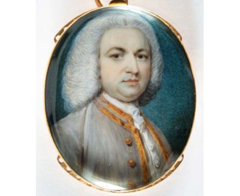 GERVASE SPENCER  (1715-1763) Portrait of Robert Andrews wearing grey jacket with gold trimming, on ivory, signed with initial