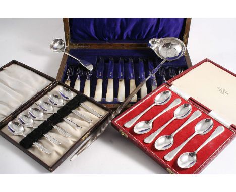 A MODERN CASED SET OF SIX PAIRS OF MOTHER OF PEARL HANDLED FRUIT KNIVES & FORKS (A/F), a cased set of six modern Feather-edge