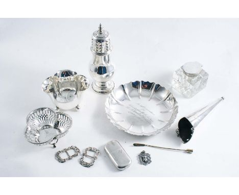 A MIXED LOT:- A modern sugar caster, a small modern Irish strawberry dish, inscribed, a bonbon dish, a sugar bowl on three ba