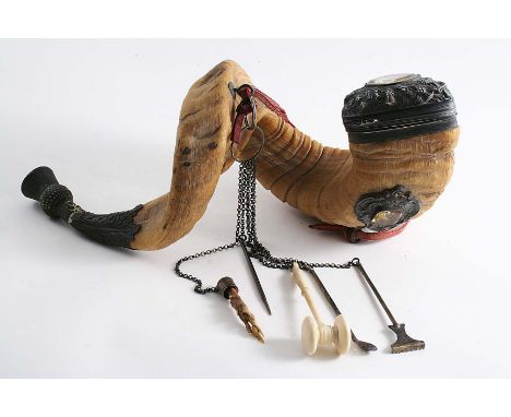 AN EARLY VICTORIAN SCOTTISH MOUNTED RAM'S HORN TABLE SNUFF MULL with chased mounts, each inset with a faceted quartz boss, th