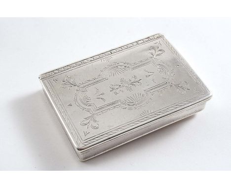 A GEORGE I RECTANGULAR SNUFF BOX engraved on the cover with a baroque panel bordered by hatching, struck once with the remnan