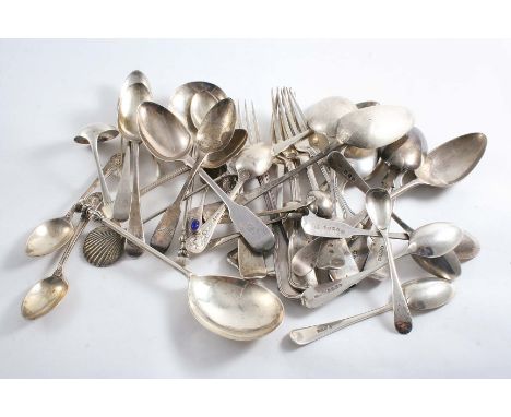 MISCELLANEOUS FLATWARE:- Six forks, twenty nine spoons, a small ladle and a pair of sugar tongs, some pieces crested, some in