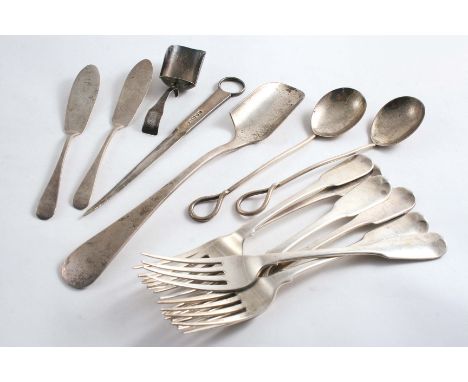 A MIXED LOT:- An Edwardian Stilton scoop, a George III caddy scoop, initialled, a pair of Edwardian jam spoons, a pair of Edw