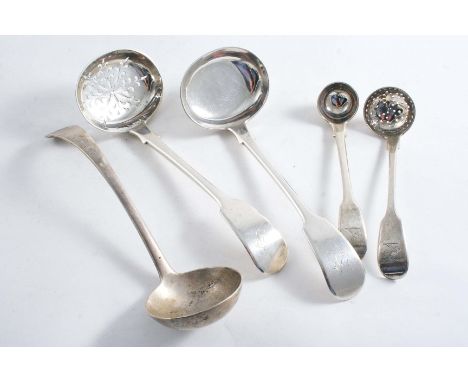 A VICTORIAN WEST COUNTRY FIDDLE PATTERN SUGAR SIFTER LADLE & MATCHING SAUCE LADLE, both initialled "P", by Phillip Osment, Ex