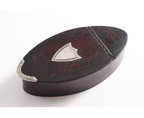 A GEORGE III MOUNTED LEATHER SNUFF BOX navette-shaped with an applied vacant shield cartouche & thumbpiece, unmarked c.1790; 