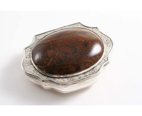 A GEORGE II CARTOUCHE-SHAPED SNUFF BOX the cover inset with a domed panel of mottled, brown agate bordered by chased floral s