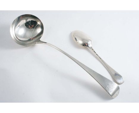 A GEORGE III OLD ENGLISH PATTERN SOUP LADLE initialled "WEW", by Thomas Wallis & Jonathan Hayne, London 1814 and a George II 