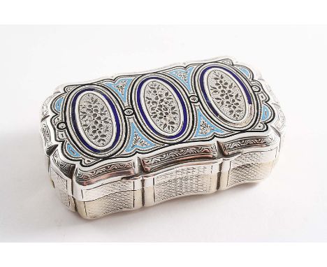 A 19TH CENTURY FRENCH ENGINE-TURNED SNUFF BOX of shaped oblong outline, the cover decorated with light blue, deep blue & whit