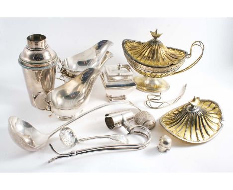 PLATED WARE:- A set of three sauce boats, a soup ladle, a bottle holder, a cocktail shaker (no cover), a tea caddy, an Old Sh