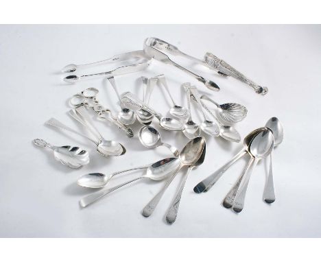 A MIXED LOT:- A modern caddy spoon, London 1936, two George III caddy spoons, a pair of George III sugar nips, three pairs of