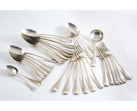 A LATE VICTORIAN PART CANTEEN OF HANOVERIAN PATTERN FLATWARE:- Six large table spoons, five smaller table spoons, six table f