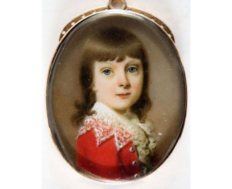 ATTRIBUTED TO JOSEPH DANIEL (c.1760-1803) Portrait of a boy wearing red jacket and lace "Van Dyck" collar;  4 x 3.25 cms. bra