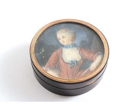 A LATE 18TH CENTURY GOLD-MOUNTED TORTOISESHELL SNUFF BOX plain circular, the cover inset with the miniature portrait of a you