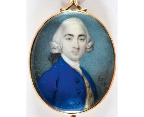 ATTRIBUTED TO GERVASE SPENCER (1715-1763) Portrait of a gentleman wearing blue jacket, half length, on ivory, signed with ini