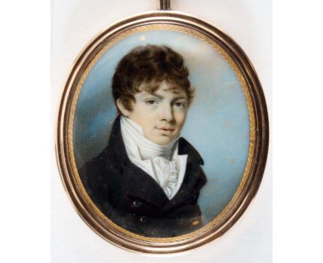 GEORGE ENGLEHEART (1750-1829) Portrait of a young gentleman with dark brown hair, white stock & black jacket, on ivory;  7 x 