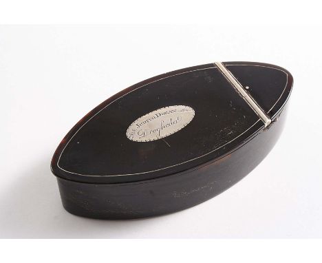 A GEORGE III NAVETTE-SHAPED TORTOISESHELL SNUFF BOX with an inset oval plaque, inscribed "Judith Doran, Drogheda", unmarked, 