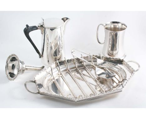 PLATED WARE:- A late Victorian asparagus dish & grille of canted oblong form, by Mappin & Webb, a pair of serving tongs, a wi