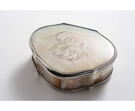 A GEORGE III MOTHER OF PEARL-MOUNTED SNUFF BOX of cartouche form, the cover engraved with the script initials "EE", unmarked,