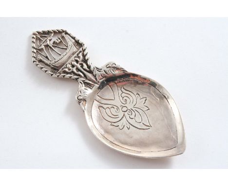 A CONTEMPORARY SCOTTISH CADDY SPOON with chased detail in the bowl, the terminal pierced with a sailing vessel, maker's mark 