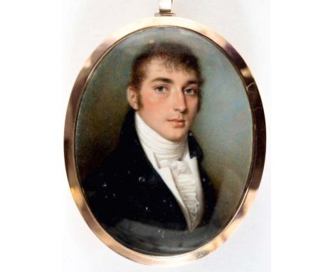 THOMAS HAZLEHURST (1740-1821) Portrait of a gentleman wearing ruched white shirt and black jacket, on ivory, signed with init