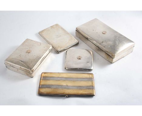 TWO CIGARETTE BOXES & A CIGARETTE CASE each with the applied gold monogram "HB", together with an engine-turned cigarette cas