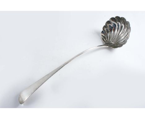 A GEORGE III UNASCRIBED SOUP LADLE with a fluted circular bowl, maker's mark "?EMcE" (struck twice) and a device mark (struck