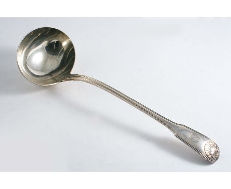 A GEORGE III FIDDLE, THREAD & SHELL PATTERN SOUP LADLE crested, by Messrs. Eley, Fearn & Chawner, London 1812;  13"  (33 cms)