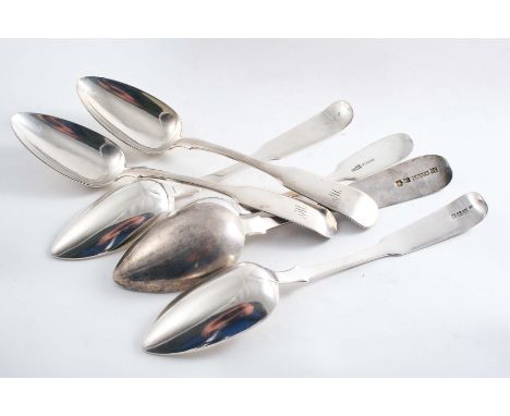 FIVE VARIOUS LATE 19TH CENTURY RUSSIAN FIDDLE PATTERN TABLE SPOONS, initialled or crested, all St. Petersburg (including one 