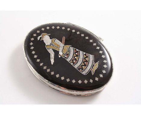 AN EARLY GEORGE II MOUNTED TORTOISESHELL SNUFF BOX oval with a stand-away hinge, the cover with three colour metal inlay & pi