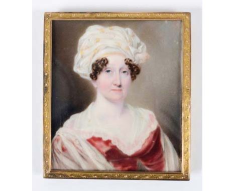 JOHN COX DILLMAN ENGLEHEART (1782/4-1862) Portrait of a Mrs Roberts wearing silk turban and red velvet dress, half length, on